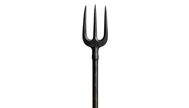 A metal pitchfork with a dark, wooden handle against a stark black backdrop