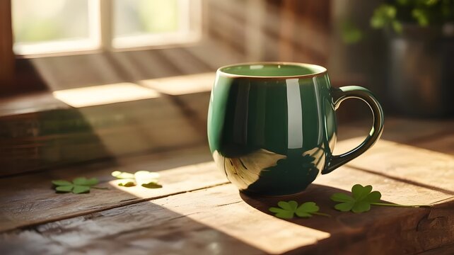 Glossy green mug with shamrock leaves &ndash; Suitable for Irish heritage celebrations, morning rituals, or caf&eacute; promotions.