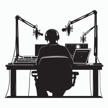 Pod caster Silhouette at Desk with Microphones and Equipment