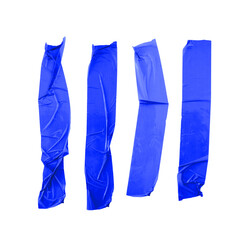 Set of vertical blue wrinkled adhesive tape strips isolated on transparent background png for masking and rough texture design concepts