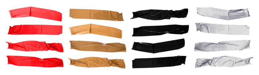 Collection of wrinkled adhesive tape strips in red brown black and silver isolated on transparent...