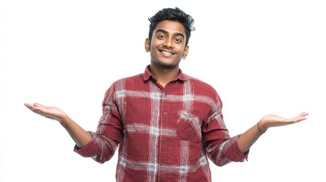 Smiling young asian male shrugging in red plaid shirt on white background