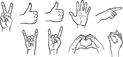 Various Hand Gestures in Black and White Line black and white peace sign thumbs up pointing