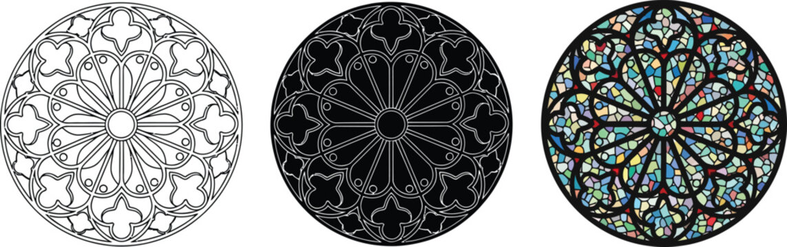 Collection of Gothic rose window designs including line art silhouette and stained glass styles perfect for architectural or decorative elements