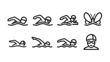 Swimming Styles Icon Set: Freestyle Butterfly Backstroke Breaststroke and Swimmer Head Icon