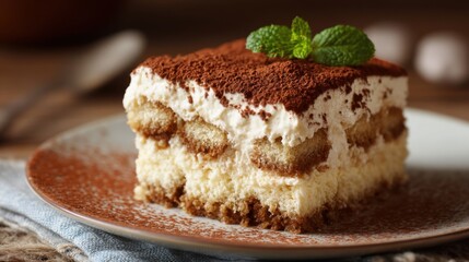 Classic italian tiramisu with cocoa and mint garnish on ceramic plate.