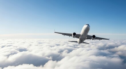 Obraz premium A commercial airplane flying high above the clouds in a clear blue sky