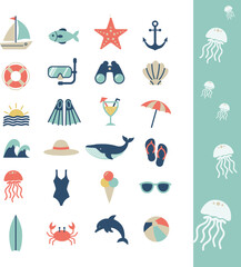 Summer Beach Icons Set in Pastel Colors, Cartoon Kids Style, Flat Vector © Tetiana