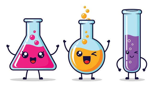 Cute cartoon laboratory beakers and test tube characters.