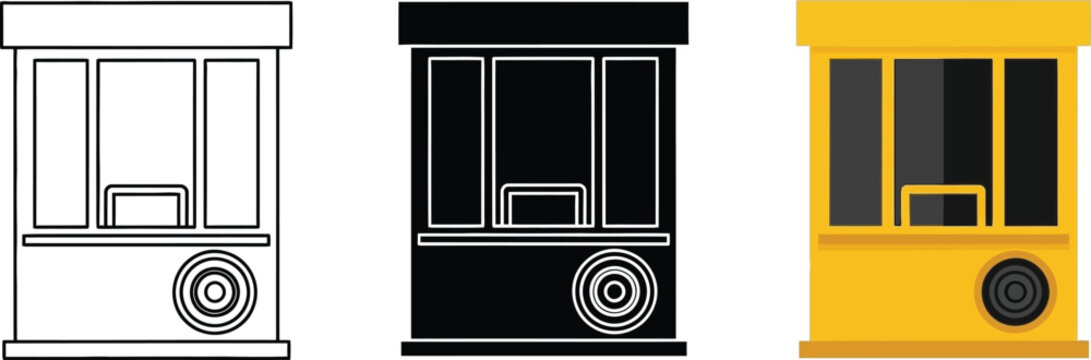 Collection of ticket booth icons representing different styles like outline silhouette and flat design for transportation or event concepts