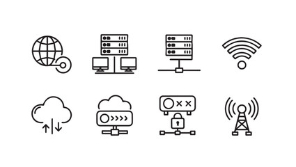 Technology Network Icons: Cloud Servers Wifi Globe Security Tower Stock Graphics