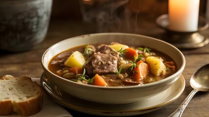 Cozy Irish stew by candlelight in a cottage &ndash; Perfect for hygge lifestyle, rustic dining, or traditional Irish culture themes.