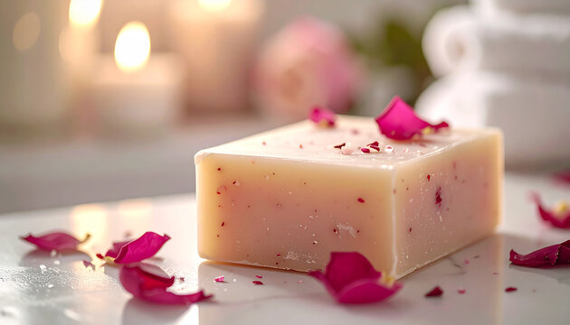 Handmade soap with rose petals, natural skincare product presentation.