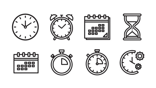 Time Management Icons: Clocks Calendars Stopwatches Hourglass and Gears in Line Art Style