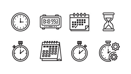 Timekeeping Icons: Clocks Calendars Stopwatch Hourglass Digital Display GearsStock Line Art