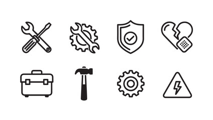 Tool Icons Set: Screwdriver Wrench Gear Shield Broken Heart Toolbox Hammer Warning Sign