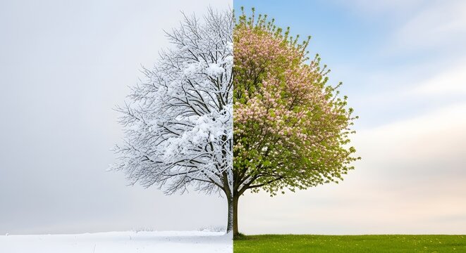 Tree showing the contrast between winter and spring seasons.