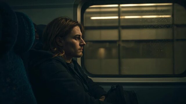 Sitting commuter wearing dark coat holding tote watching platform lights as train passing window