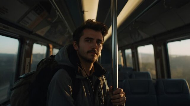 Gripping hooded man steadying on city bus as vehicle moving past windows, holding backpack and pole