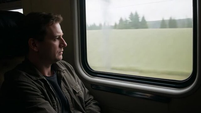Gazing male in khaki jacket sitting left train window as train moving, watching fields, copy space