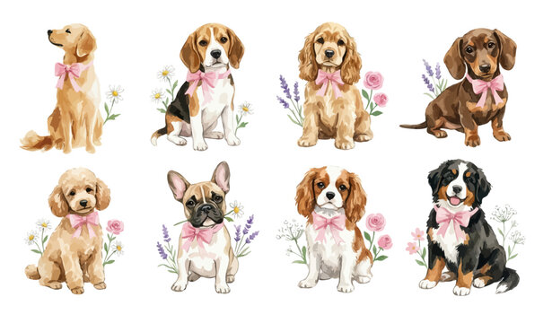 Watercolor puppy breeds clipart set with beagle, dachshund, poodle, spaniel and bernese dog. Collection of Vector illustrations. Perfect for invitation, card, poster, banner, decoration