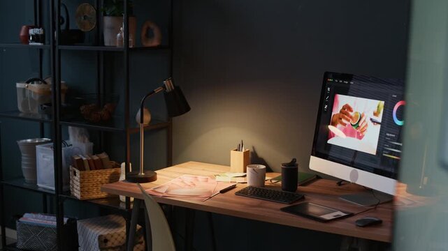 Modern photo studio with workplace of retoucher. Working computer, stationery and interactive tablet on top of wooden table