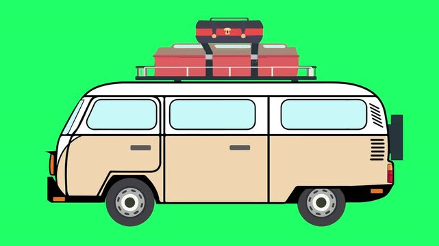 Seamless Loop VAN minibus with travel roof rack Animation on green screen background. Holiday, Transportation vector Looping animation classic VAN, Minibus. easy to use