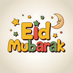 Colorful Cartoon "Eid Mubarak" Bubbly 3D Text with Smiling Crescent and Stars &mdash; Fun Kids-Friendly Eid Celebration Illustration