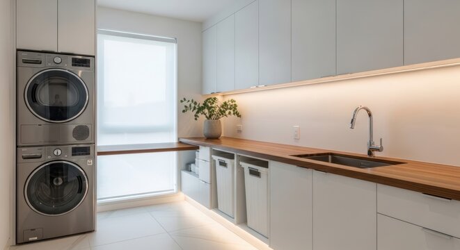 Modern laundry room interior with stacked washer dryer and wooden countertop