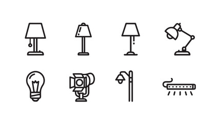 Variety of Light Fixtures Icons: Desk Lamps Bulb Street Light Spotlight