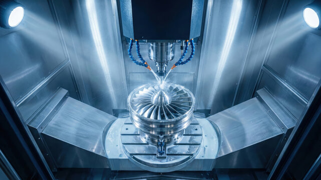 Industrial 5-axis CNC machine milling a metal turbine part with coolant spray in a modern factory.
