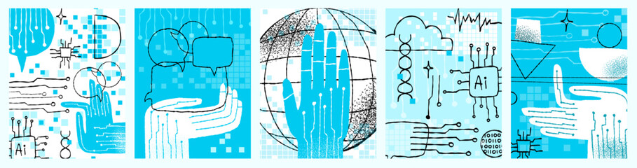 AI Robotic Hands Concepts, Global Technology and Balance Symbols in Hand-Drawn Doodle Style