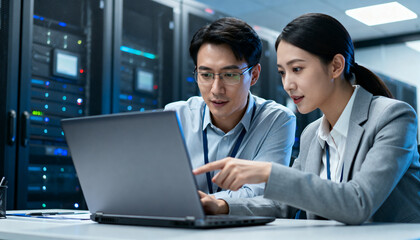 Fototapeta premium Cloud Architect and Database Engineer Reviewing Storage Protocols in Data Center. Professionals Optimizing Cloud Systems in Server Facility