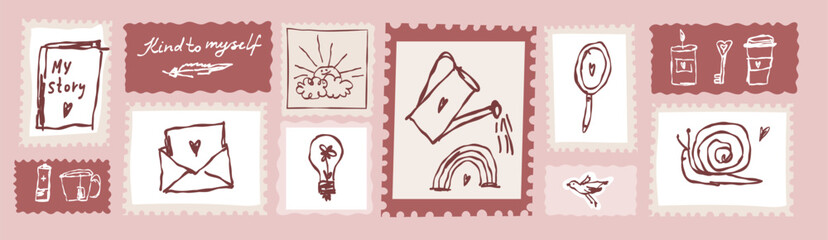 Mental Health Self Care Postage Stamps Collection With Positive Quotes And Doodles