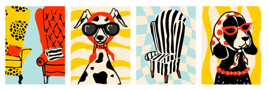 Modern Retro Dog Lifestyle Collection With Whimsical Interior Furniture And Stylish Dogs