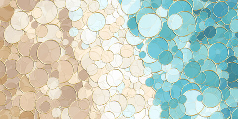Teal sea green and sand color beige overlapping circles with golden outlines. Elegant geometric pattern resembling fish scales or sea waves for luxury summer branding. © SunwArt
