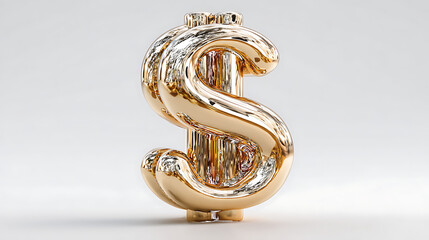 Shiny gold dollar sign sculpture on small feet isolated on a transparent background metallic