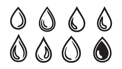 Water Drops Icons Set Outline Fill Simple Shapes Liquid Symbol