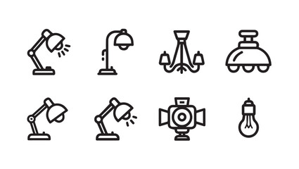 Various Light Fixtures and Lamps Icons Collection Simple Outline Style