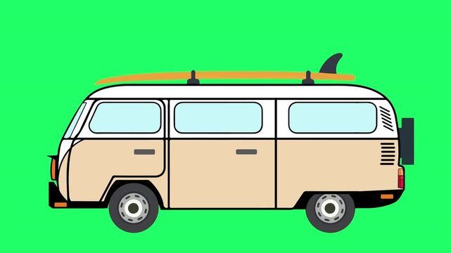 Seamless Loop VAN Minibus with Surf rack Animation on green screen background. Holiday, Transportation vector Looping animation classic VAN, minibus. easy to use