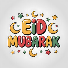 Colorful Cartoon "Eid Mubarak" Bubbly 3D Text with Smiling Crescent and Stars &mdash; Fun Kids-Friendly Eid Celebration Illustration