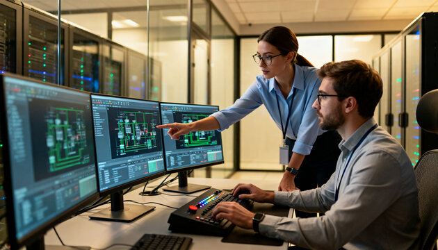 Engineer and Team Leader Collaborating in Modern Data Center Office. IT Experts Monitoring System Performance in High-Tech Workspace