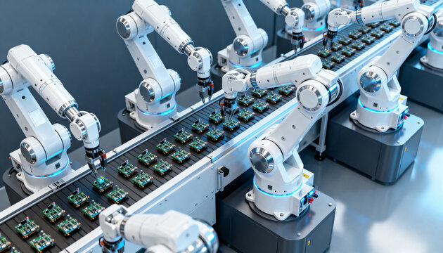 High-Tech Factory with White Robotic Arms Assembling Electronics from Above. Automated Production Line with Robotic Arms Building Components