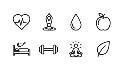 Wellness Icons: Heartbeat Yoga Water Sleep Dumbbell Meditation Leaf