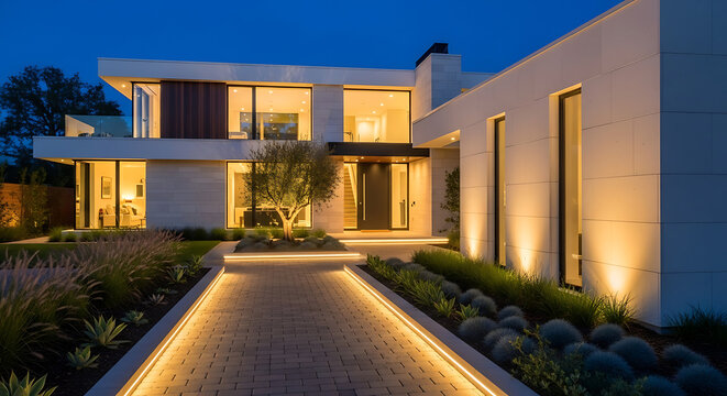 Sleek modern residence with dramatic exterior lighting and landscaping