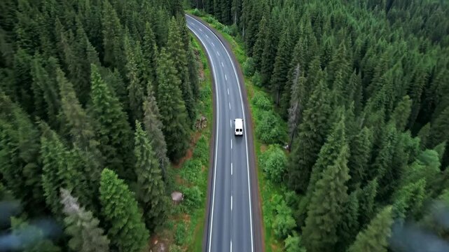 Breathtaking Aerial View of a Van Driving Through a Lush Green Forest Road. Perfect for Travel Vlogs and Nature Documentaries.