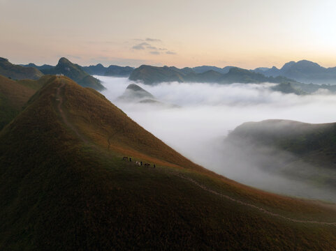 Sunrise Over Misty Hills With Horse Herders