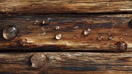 Obraz premium Water Droplets on Rustic Wood Surface