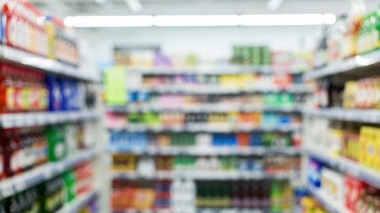 Fototapeta premium Store aisle with many products on the shelves. The background is blurry, giving the impression of a busy store