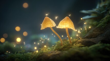 Fototapeta premium Glowing mushrooms in a forest environment with bokeh effect and moody lighting